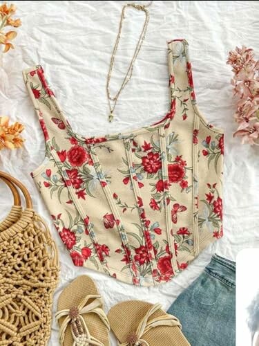 Floral corset top with accessories, including sandals and a woven bag.